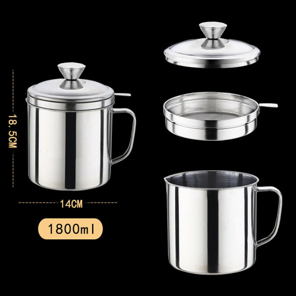 1.8L Stainless Steel Oil Strainer Pot with Lid