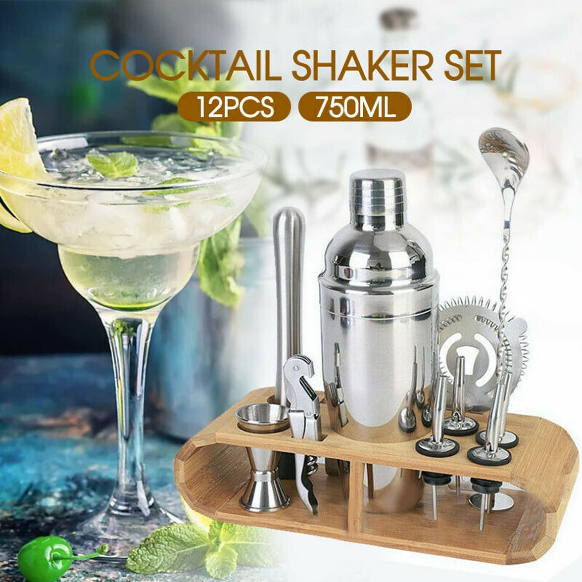 12-Piece Stainless Steel Cocktail Shaker Set with Bamboo Stand