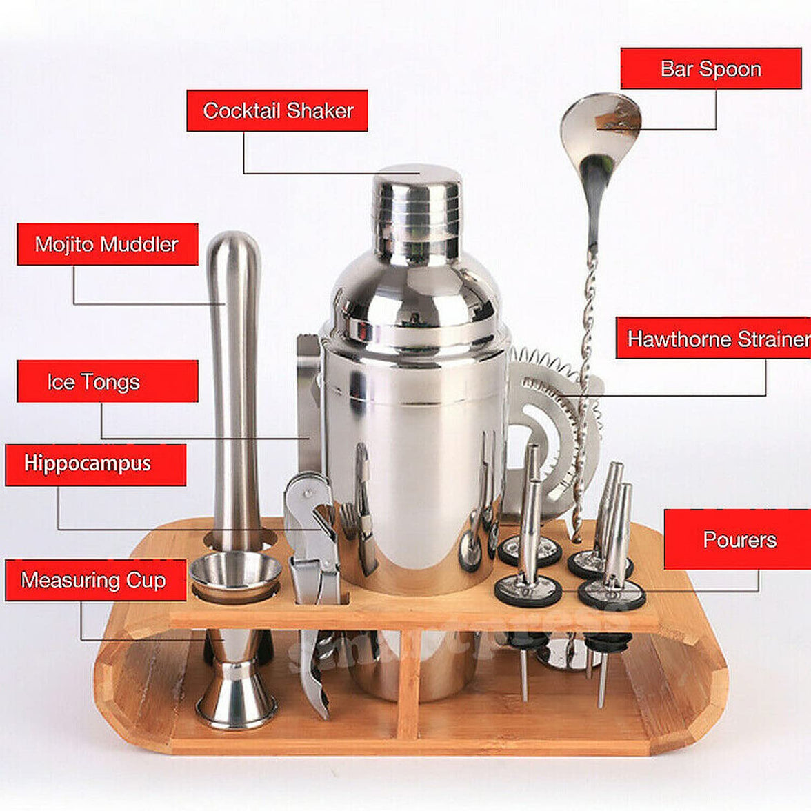 12-Piece Stainless Steel Cocktail Shaker Set with Bamboo Stand