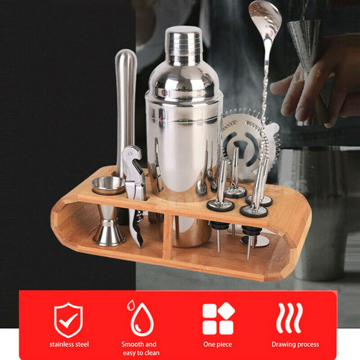 12-Piece Stainless Steel Cocktail Shaker Set with Bamboo Stand