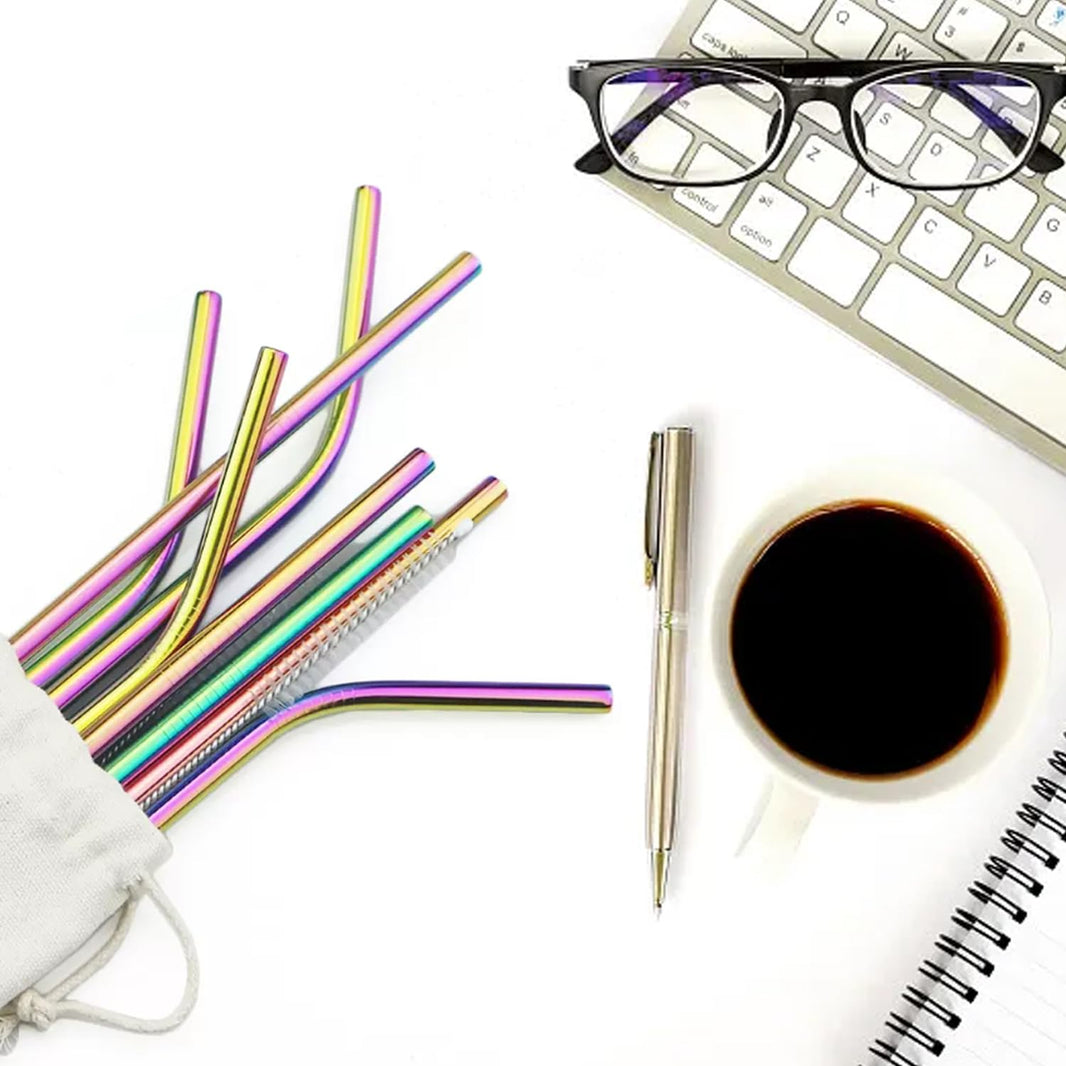 Reusable Stainless Steel Drinking Straws Set (10-Pack, Rainbow)